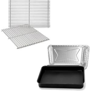 Uniflasy 7528 Stainless Steel Cooking Grate for Weber Genesis 300 Series E/S 310 320 Series Gas Grills and 93305 Drip Pan for Weber Genesis II & Spirit 2/3 Burners, Genesis Silver/Gold/Platinum I/II