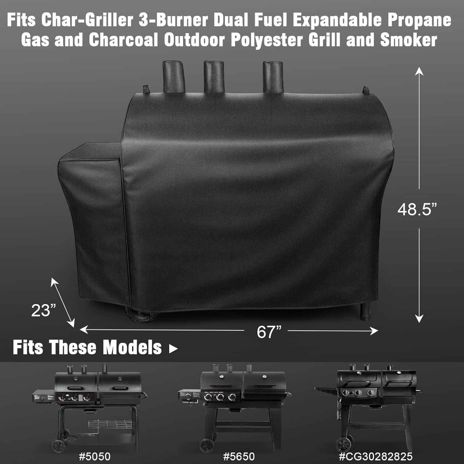 imageGrill Cover for CharGriller 3 Burner Dual Fuel 5050 5650 CG30282825 for Char Griller Smoker Charcoal Grill Cover 600D Waterproof BBQ Cover65L x 29W x 48H